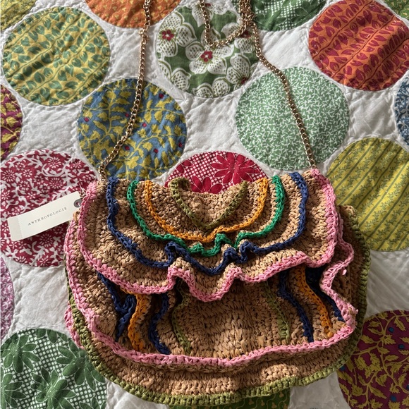 ANTHROPOLOGIE MAEVE RUFFLED STRAW RAFFIA BAG IN MULTI COLORS NEW - Picture 4 of 11